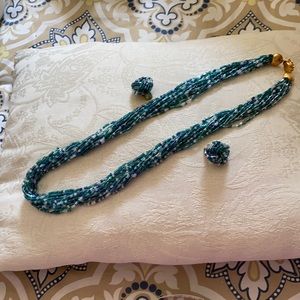 blue and white necklace with clip on earrings